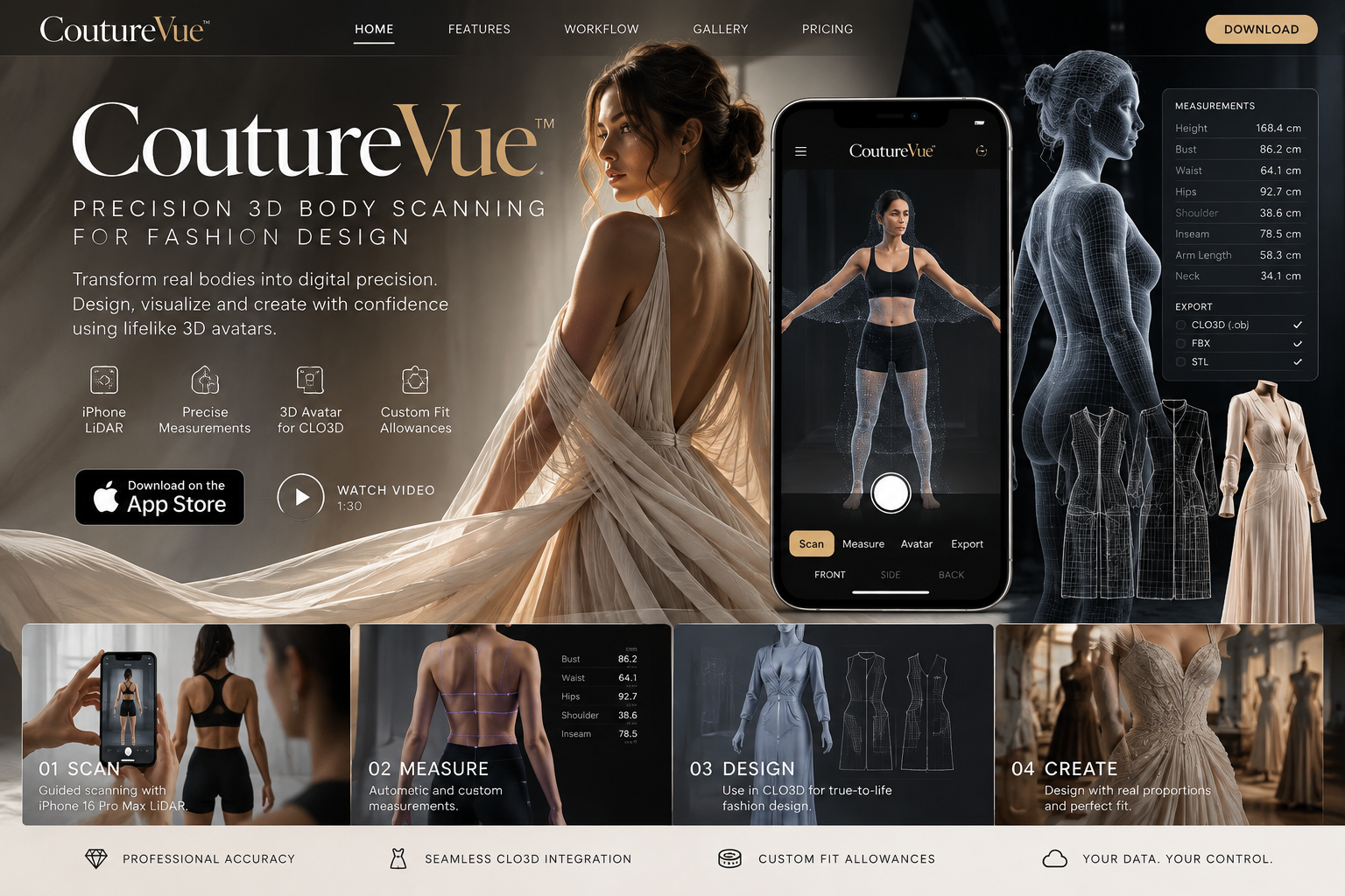 CoutureVue promotional website design concept showing iPhone scanning and 3D fashion avatars